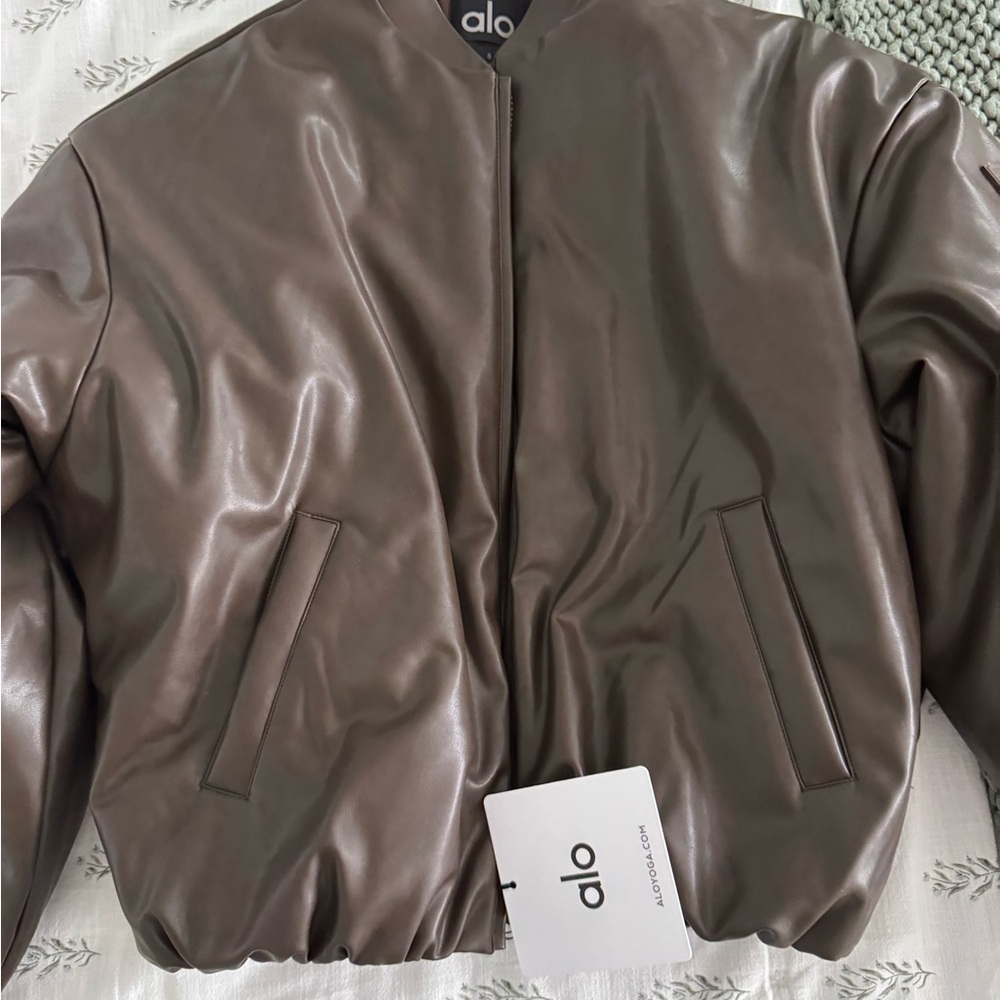 ALO Yoga Faux Leather Premier Bomber Jacket in Dark Olive Brown - Picture 4 of 7
